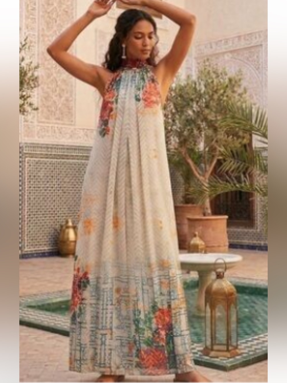 Bhanuni by Jyoti Embellished Women’s White Floral Halter Maxi Dress Size Large